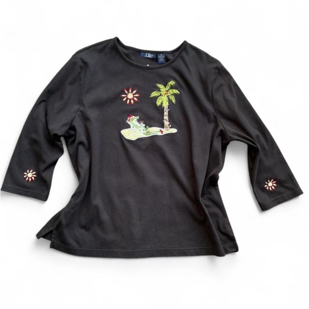 Ugly Christmas Sweater Black 3/4 Sleeve Holiday Top with Palm Tree and Alligator